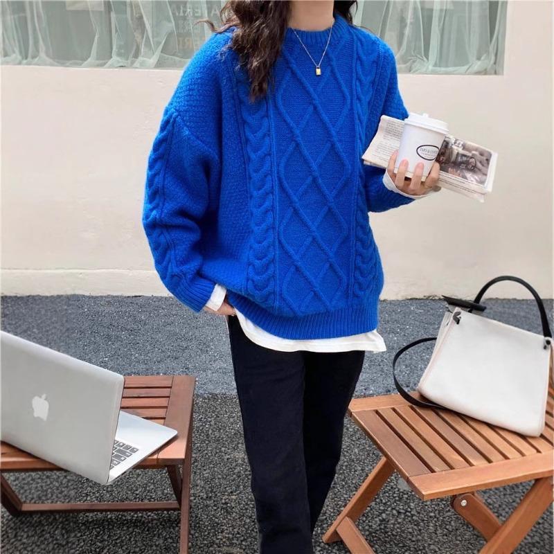 Drehroter Herbst- und Winterpullover mittlerer Länge, verdickt, locker außen, Strickpullover im Lazy-Wind-Stil, Damenpullover mit niedrigem Rundhalsausschnitt