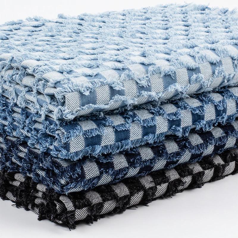 100x145cm Jacquard Denim Checkerboard TasselFabric Hand Wash DIY Bag Coat Clothing Designer Fabric Sewing Cotton Denim Fabric