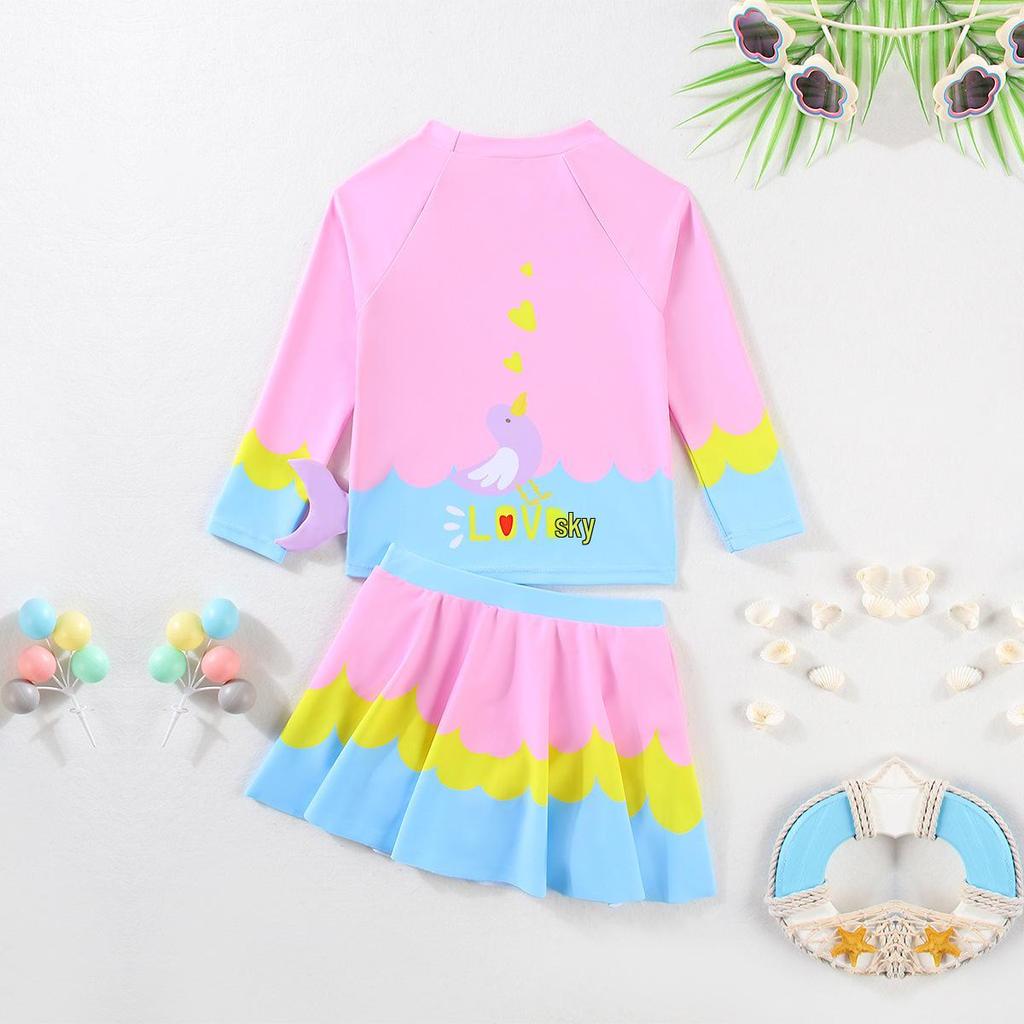 Girls' 2025 Long-Sleeved Cartoon Dolphin Swimsuit with Short Skirt