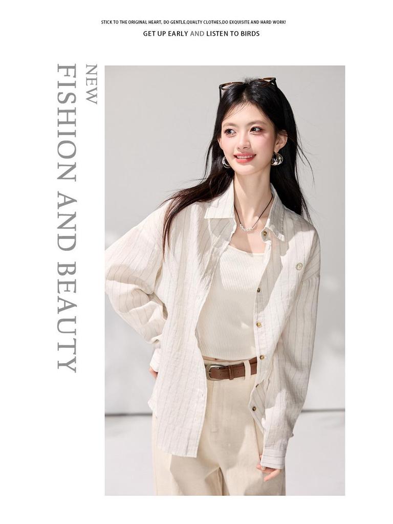 2026 Spring Women's Striped Cotton Linen Sun Protection Shirt - Loose, Long Sleeve, Mid-Length Outerwear Top