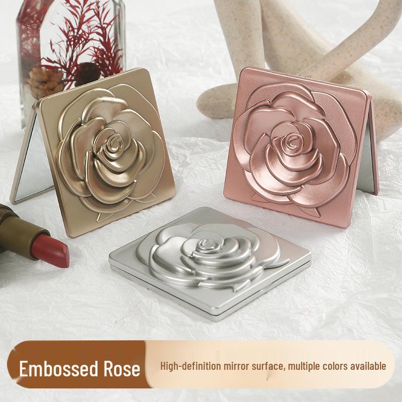Rose Mini Double-Sided Square Makeup Mirror: Portable, Folding, Magnifying