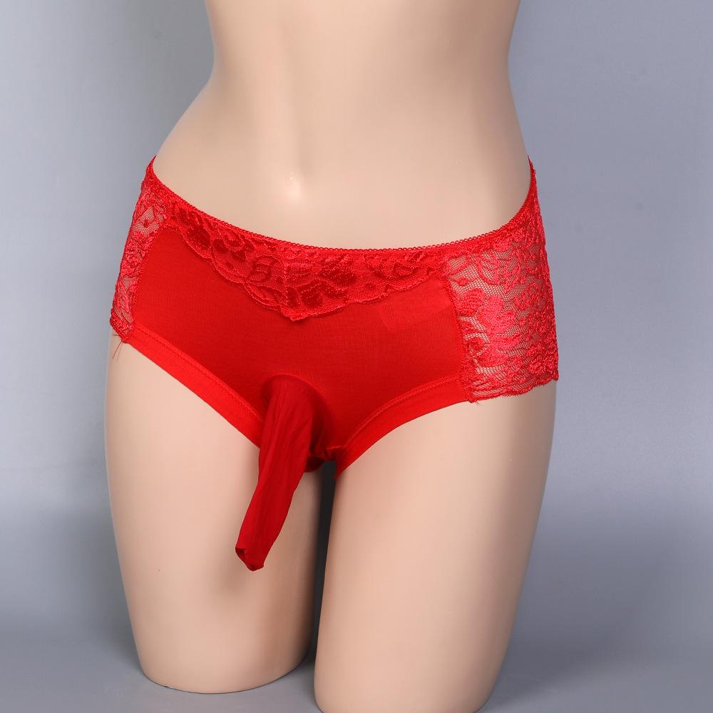 Large Size Lace Sissy Pouch Panties Men Bullet Separation Physiology Underwear Elephant Nose Briefs Feminization Gays Lingerie