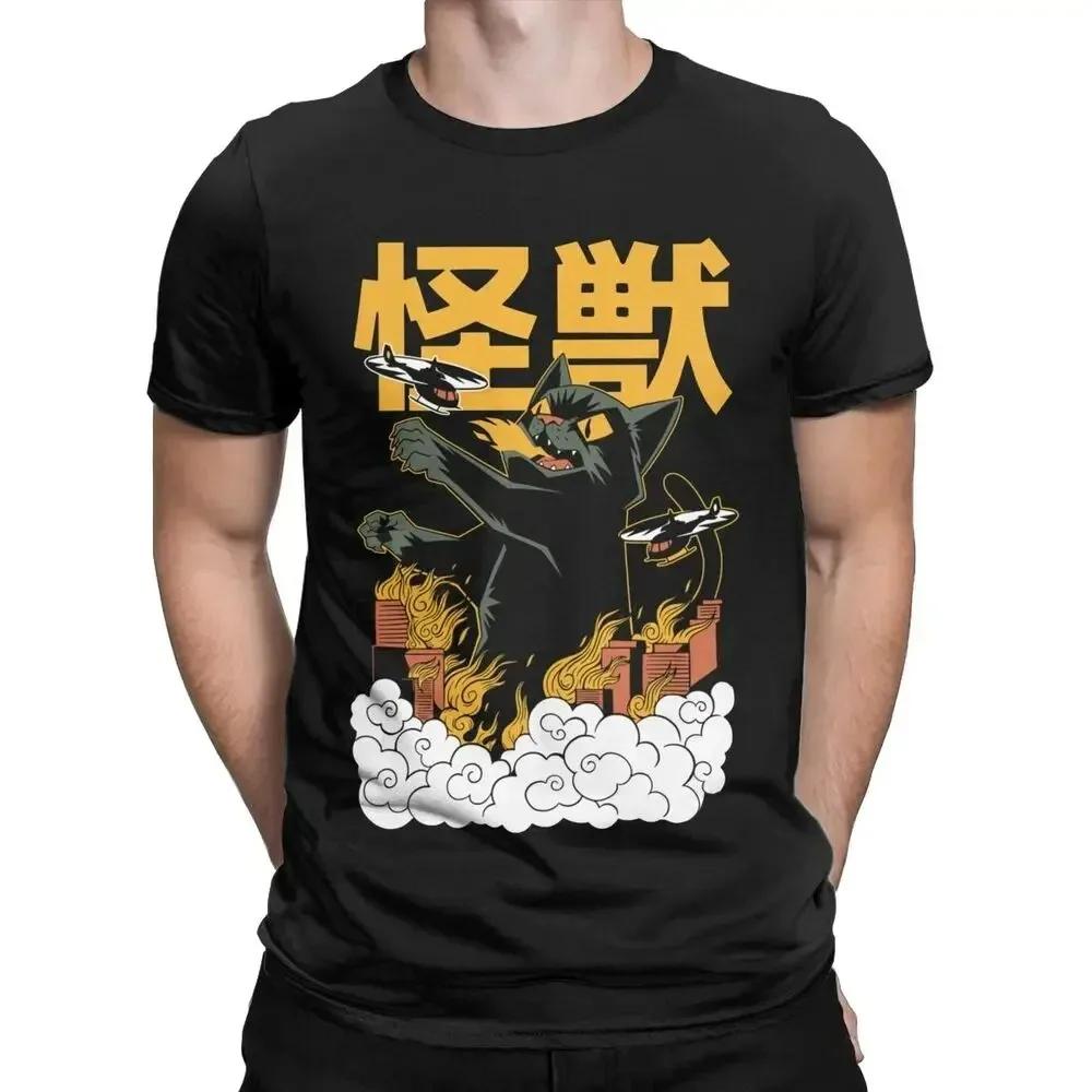 Catzilla Monsters Kätzchen T-Shirts Herren Damen Rundhals Reine Baumwolle Tees Anime Schwarze Katze Lässig Kurzarm Partnerlook Oberteile