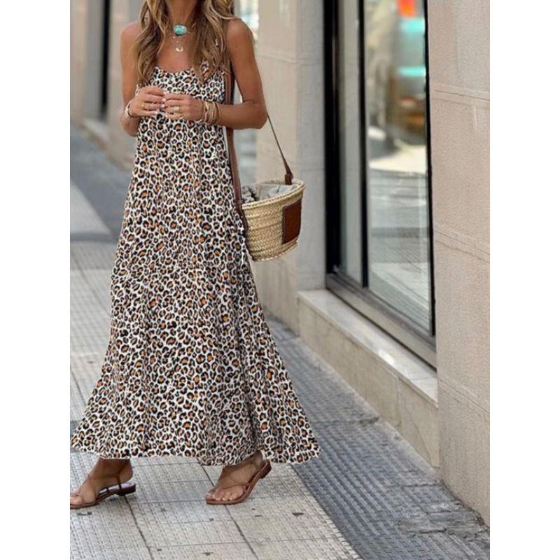 European and American Summer New Fashion Sexy Sexy Leopard Print Print V-neck A Word Sling Sleeveless Dress Vacation Long Dress