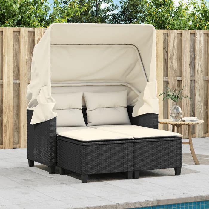 VidaXL Garden Sofa 2 Seater with Canopy and Stools, Patio Seat, Outdoor Balcony Terrace Furniture, Black Resin 365780