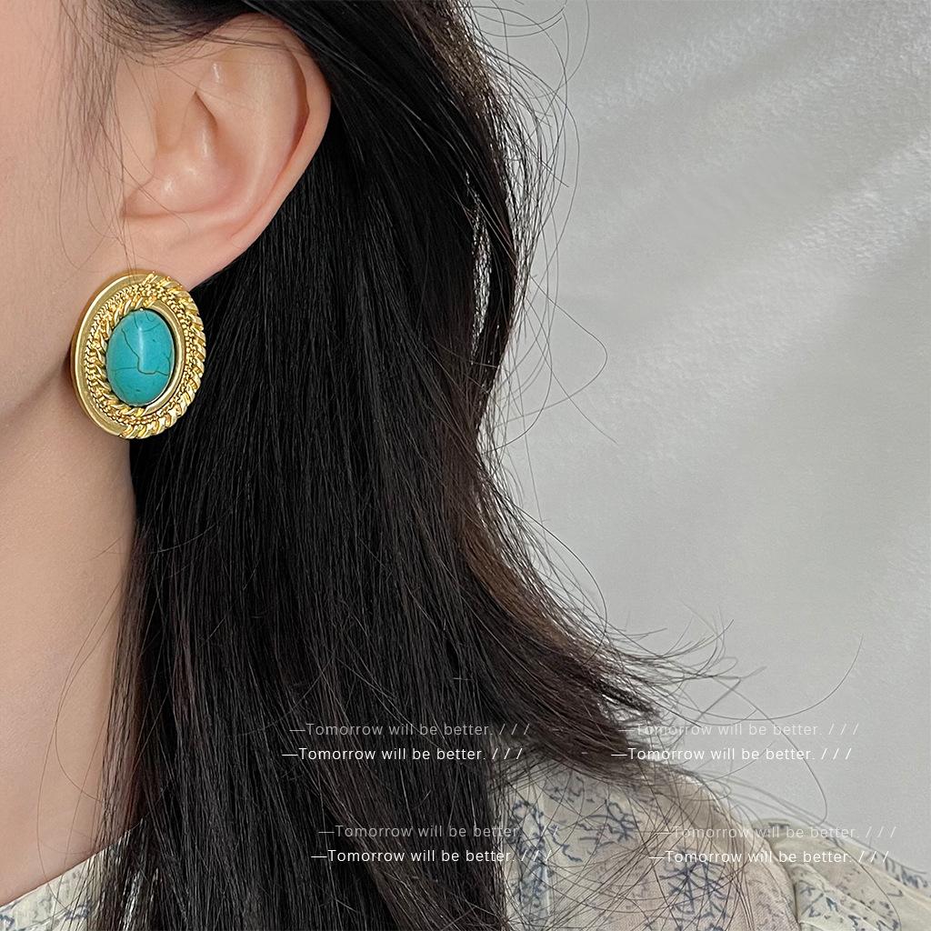 Vintage tyrkysové náušnice pro ženy, módní, lehký luxusní, starožitný styl, těžký průmysl, špičkové náušnice