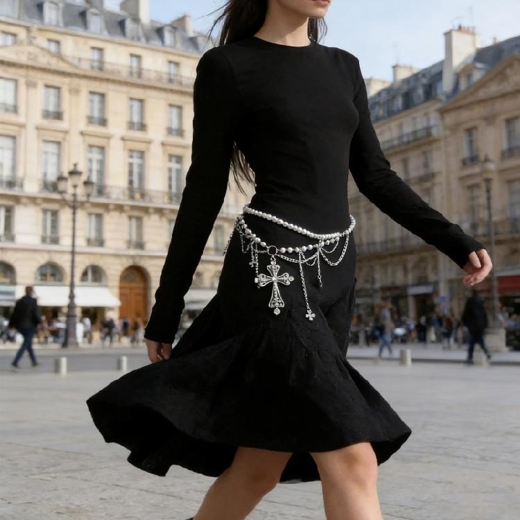 2000s Gothic Waist Belt Multi Layered Chain Pearls Chain Crosses Design For Edgy Outfits