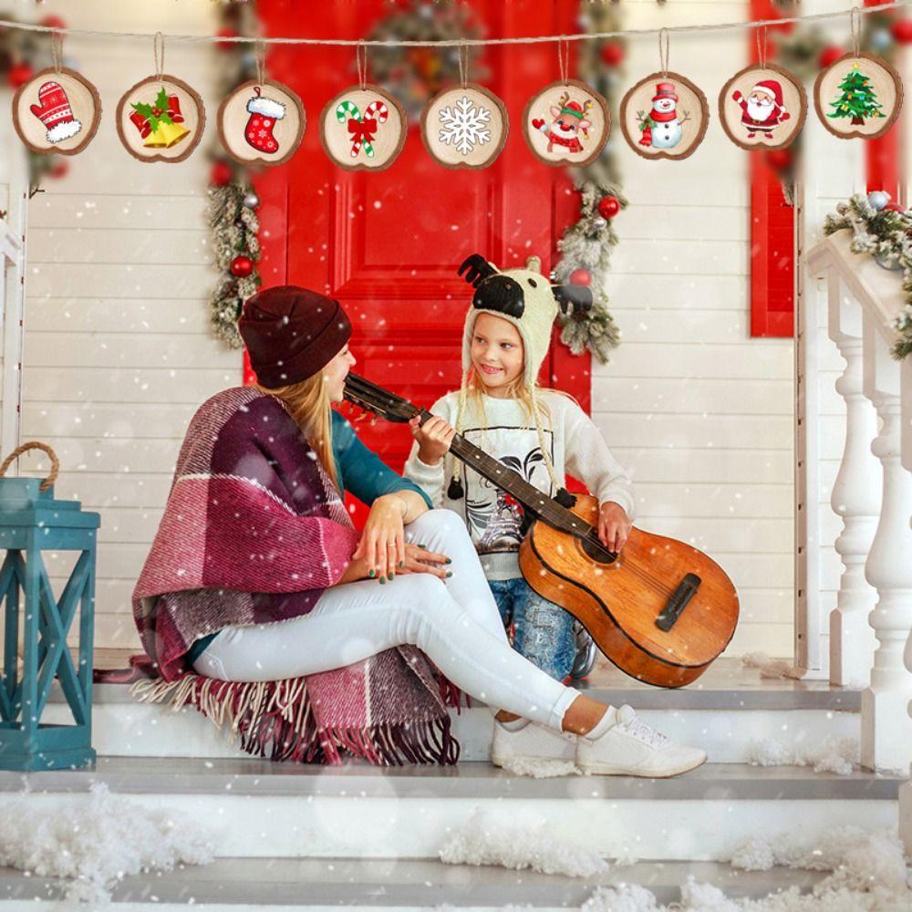 18pcs/set Vintage Christmas Tree Wood Pendant Cartoon Xmas Tree Hanging Ornament New Year