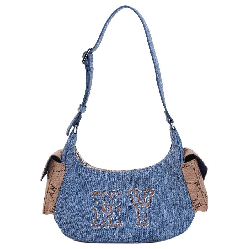 

MLB New York Yankees Logo Zip Closure Shoulder Bag Unisex Shoulder Bag Indigo Brown 3ABQM134N-50INS Indigo & Brown
