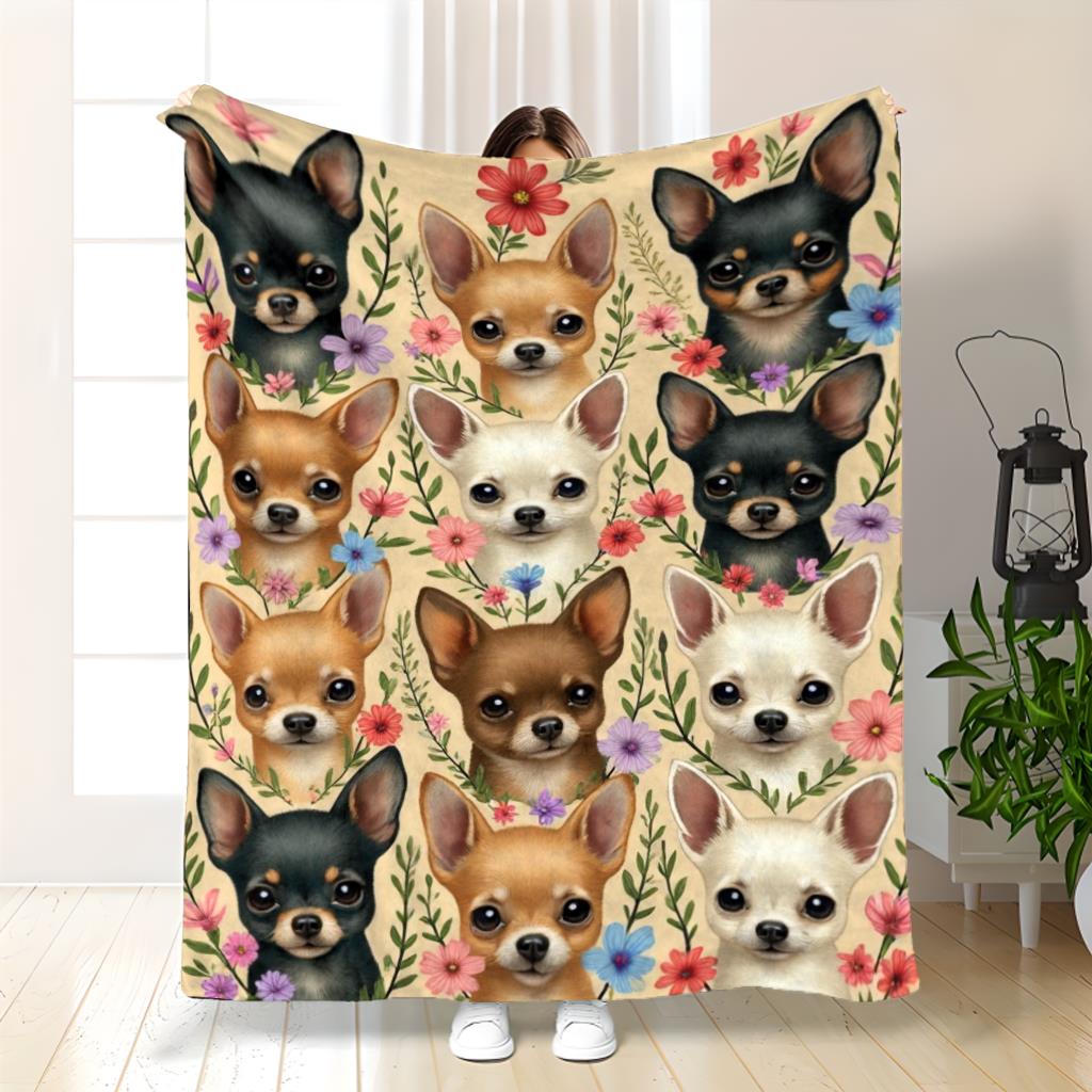 Cute Chihuahua Dog With Floral Print Flannel Throw Blanket Lovely Puppy Flower Pattern Soft Plush Blanket for Sofa Bed Couch
