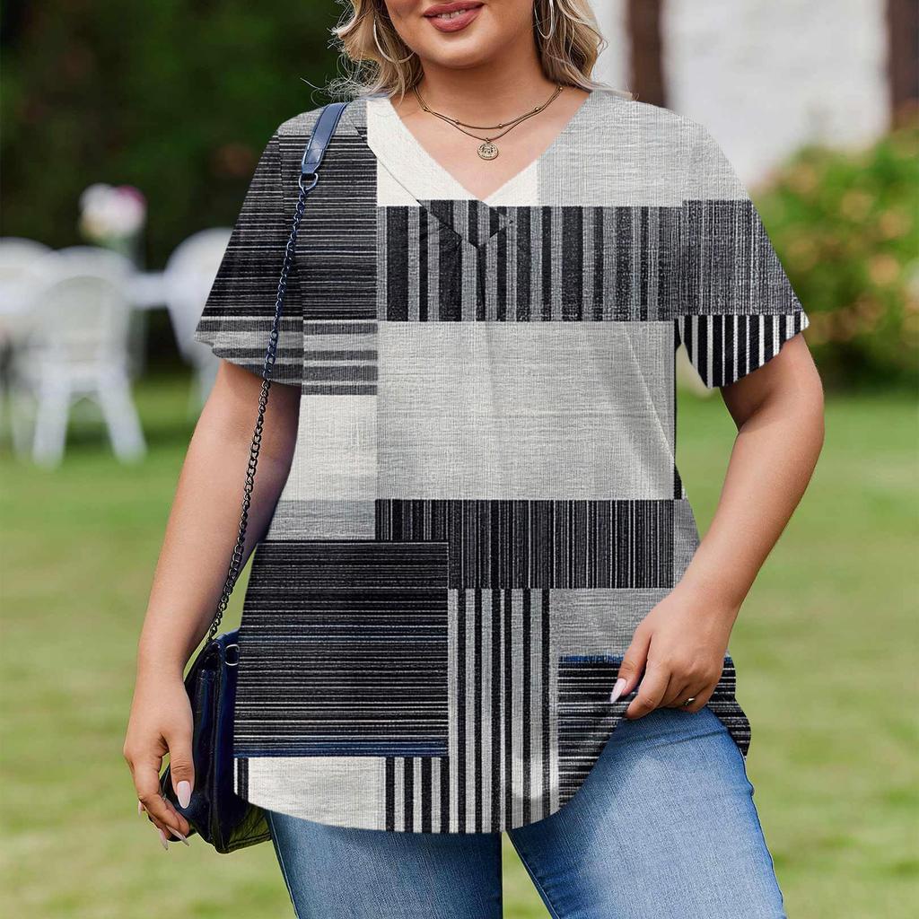Women's Plus Size Fashionable Casual Loose-Fit Short Sleeve Elegant V Neck Blouse For Work