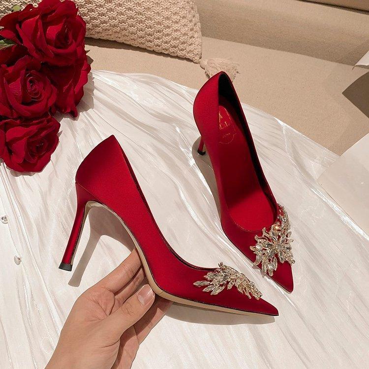 Wedding Shoes Red High Heels Women's Stiletto 2024 Spring and Autumn Women's New Pointed Single Shoes Soft Bride Shoes High Heels Women's Shoes