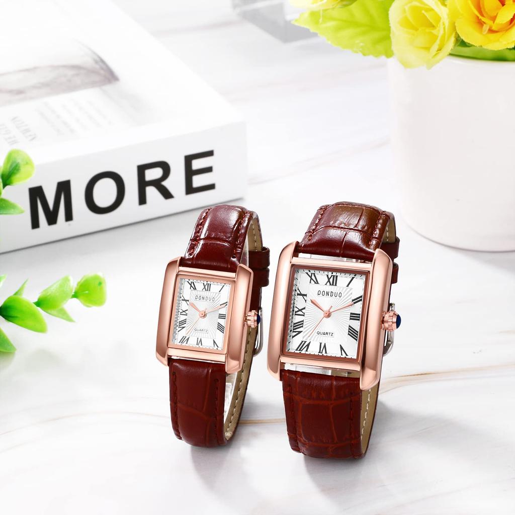 Couple's Watches, Roman numerals, analog display, square, antique design, leather strap, stylish, quartz watch, waterproof, brown, men's and women's,