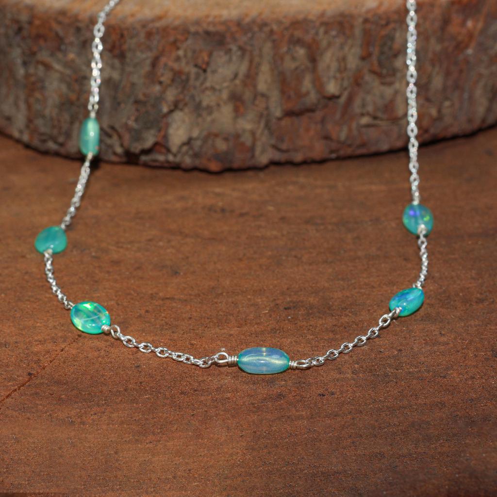 Collar de Cadena con Cuentas de Ópalo Verde Pulidas: Ópalo Etíope, Plata de Ley/Chapado en Oro