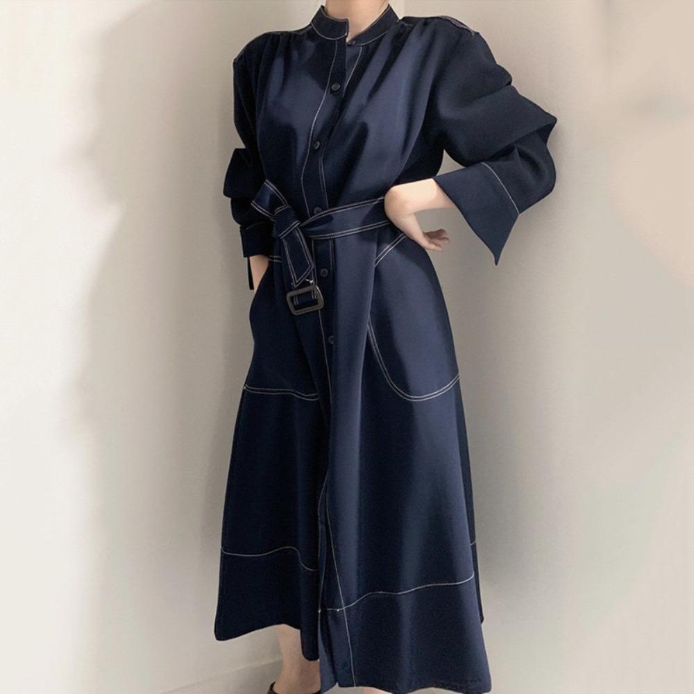 Single Breasted Women's Shirt Dresses Sashes New Stand Collar Casual Straight Dress Female