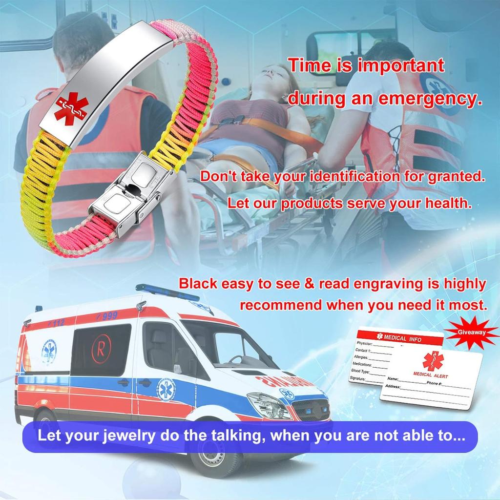 Medical Alert Bracelet for Women | T1D T2D Diabetes Epilepsy Medical Alert ID Emergency Bracelet for Girls & Boys | Handmade Nylon Rope Braided
