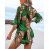Women's Casual Long-sleeved V-neck Printed Drawstring Short Dress On Both Sides