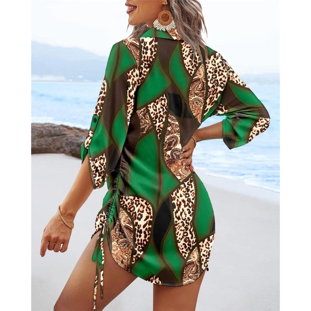 Women's Casual Long-sleeved V-neck Printed Drawstring Short Dress On Both Sides