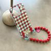 Ins Red Blue Checkered Pattern Heart Beads Wrist Strap Phone Case for iPhone 17 16 15 14 13 Pro Max  Back Cover Fund