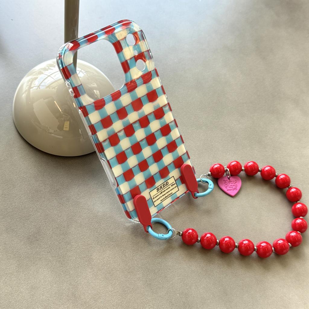 Ins Red Blue Checkered Pattern Heart Beads Wrist Strap Phone Case for iPhone 17 16 15 14 13 Pro Max  Back Cover Fund