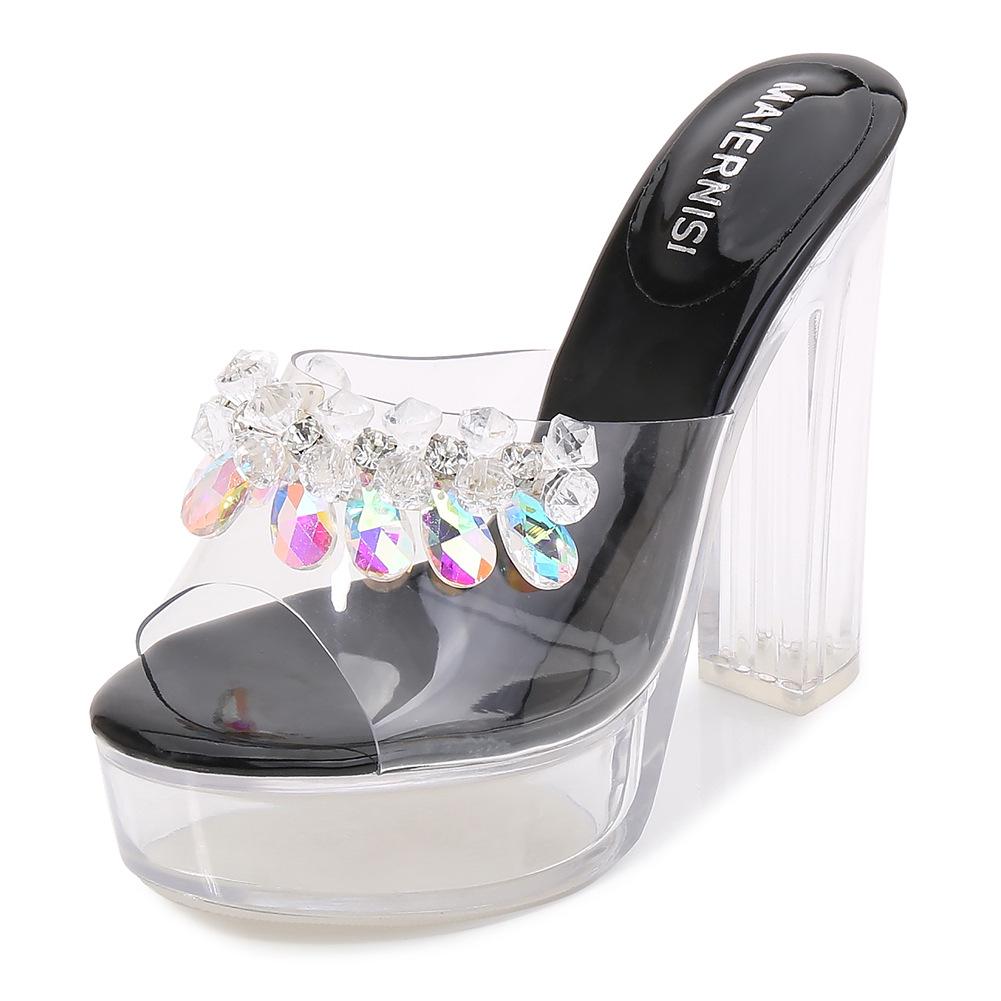 

Fashion Sexy Heels 13cm Thick Heels Waterproof Platform Fashion Sandals Sandals Transparent Glass Slipper Wedding Shoes 35 чёрный