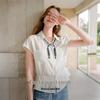Women's French Style Lyocell Short-Sleeve White Blouse with Scarf Tie