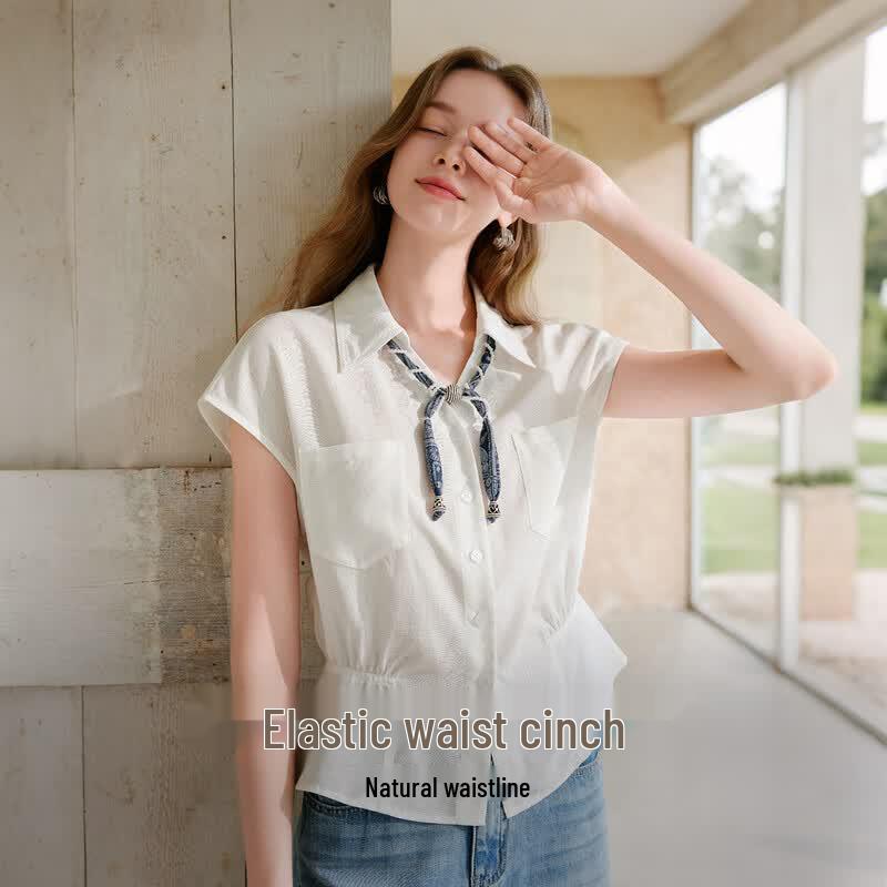 Women's French Style Lyocell Short-Sleeve White Blouse with Scarf Tie