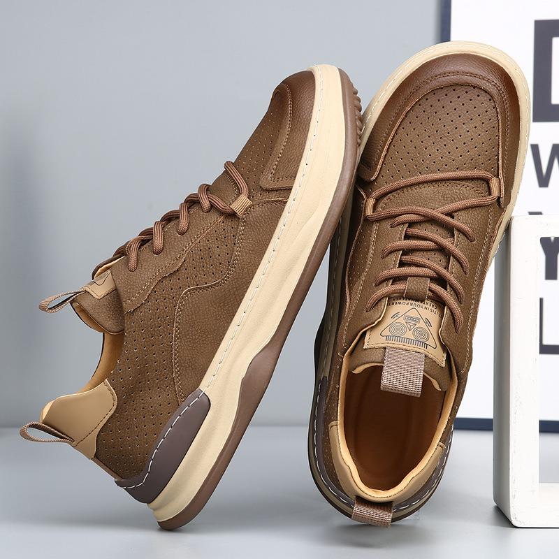 New Leather Men's Shoes Spring Breathable Crooked Shoes Trend Versatile Hollow Casual White Shoes Men's Board Shoes