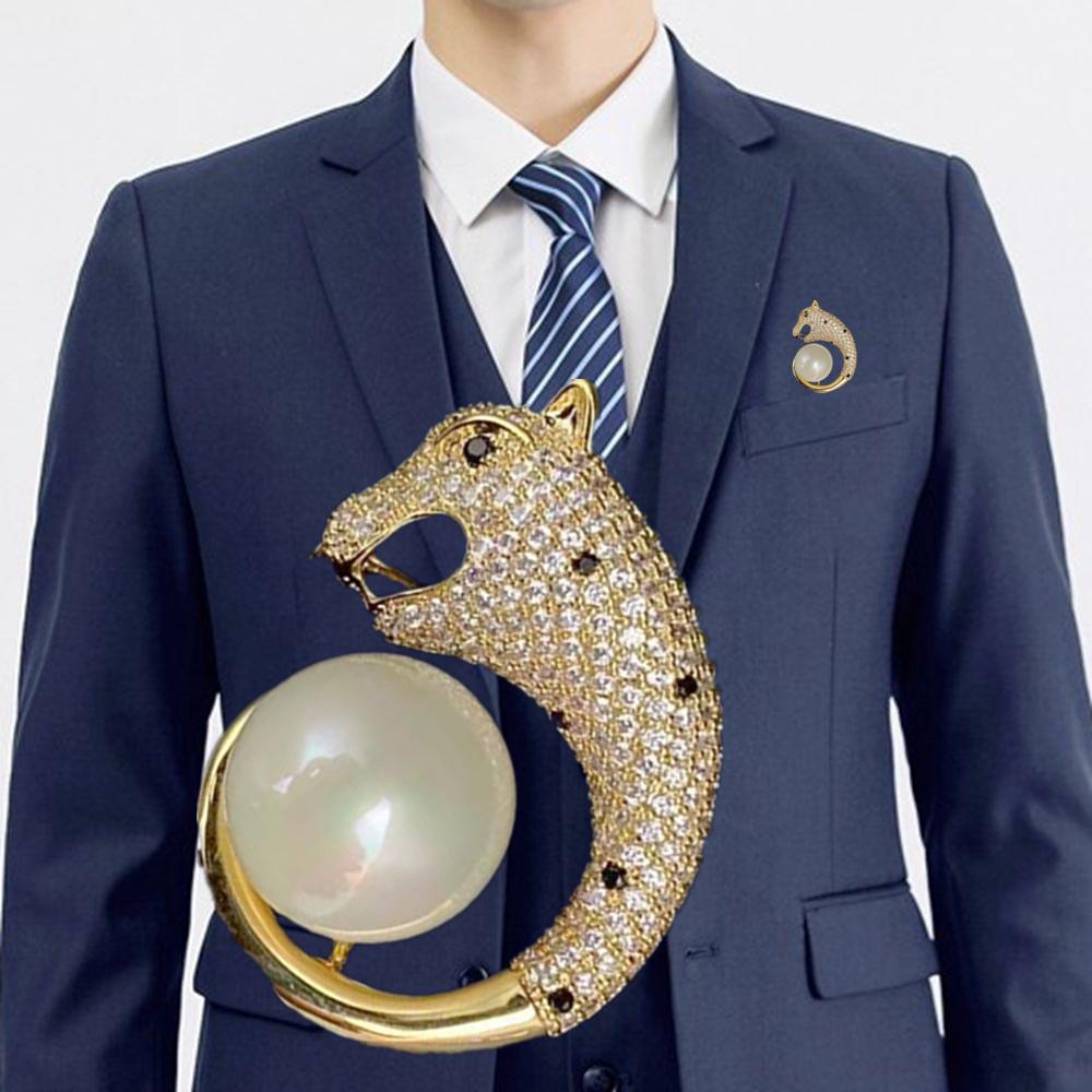 Luxury Copper Zircon Pearl Cheetah Brooch for Men and Women - Elegant Accessory for Suits and Shirts