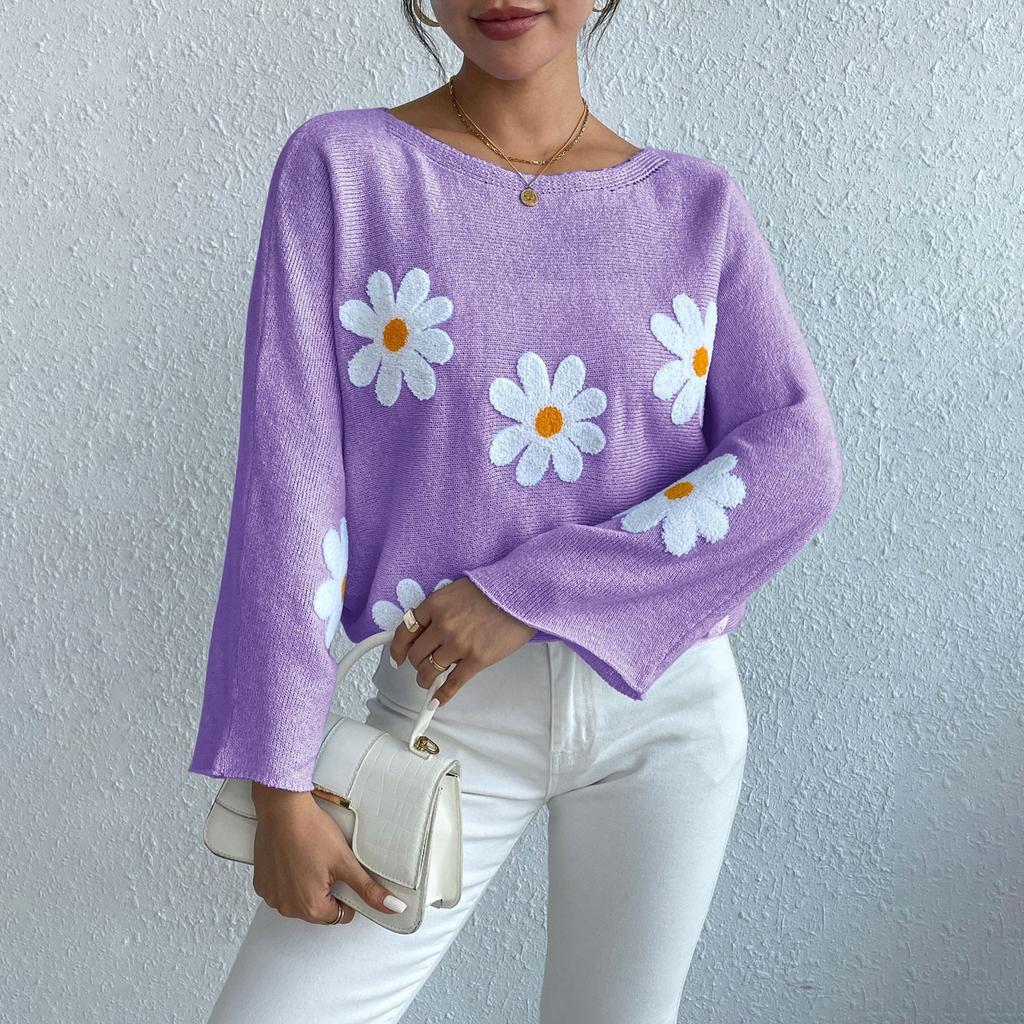 Women's Fashion Casual Flower Print Loose  Sleeve Knitwear Top Sweater