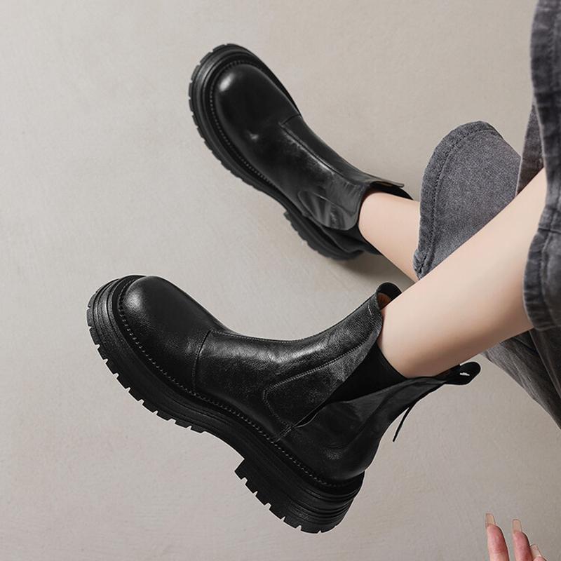 Fashion NEW Autumn Women Boots Round Toe Chunky Heel Shoes Split Leather Shoes Women Casual Platform Chelsea Boots Daily Shoes Zip Boots