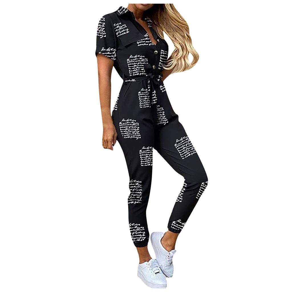 Womens Fashion Solid Color Insert Pocket Casual Lapel Printed Belt Work Jumpsuit