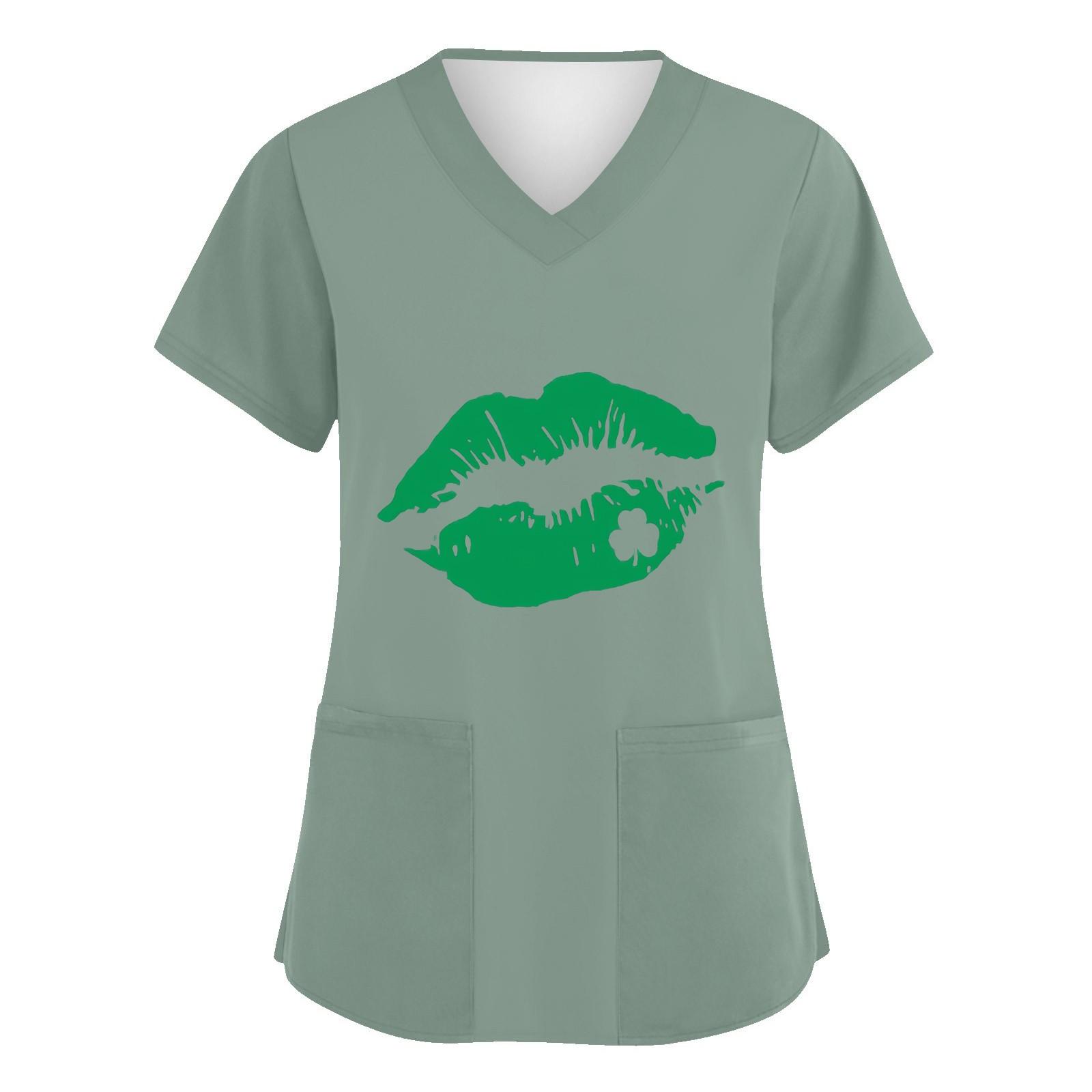 

Женская мода с v-образным вырезом, короткими рукавами и карманами, топы с принтом M