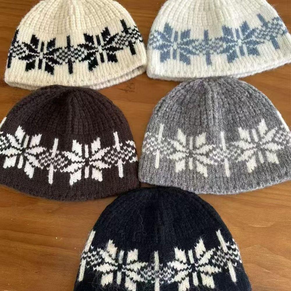 Wool Jacquard Knitted Hat Warm Printing Knit Cap Cute Snowflake Beanies Autumn