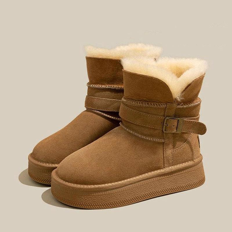 Warm Flipped Plush Thick-soled Medium Tube Snow Boots for Women To Increase Their Height In Winter, New Leather Fluffy Thickened Cotton Shoes