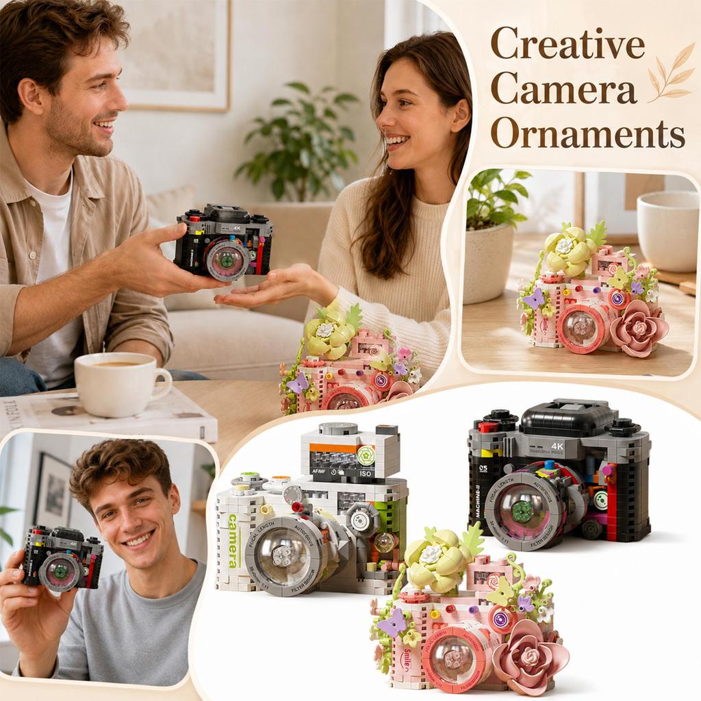 Building Camera Model Kit, Bricks DIY Assembly Camera Figurine for Display, Decorative Model Set for Adults
