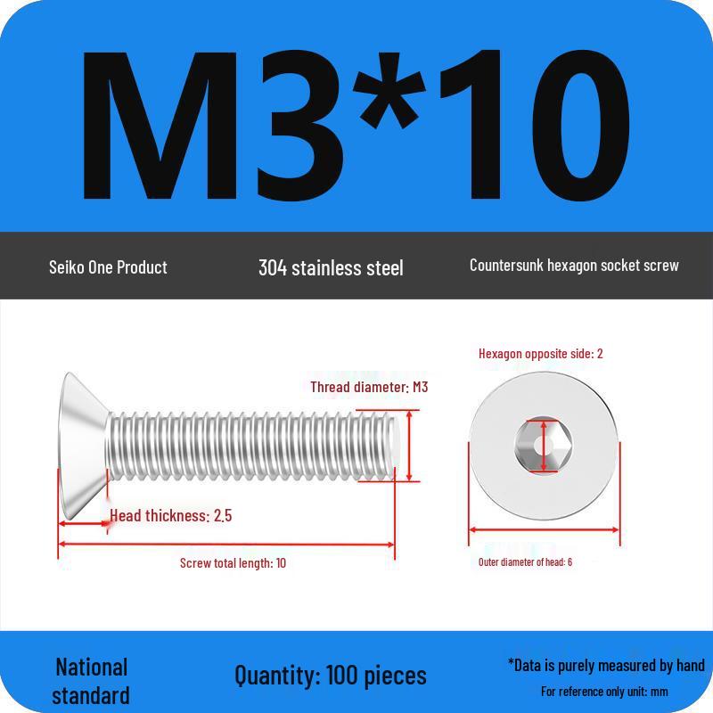 M2-M10 Stainless Steel Flat Head Machine Screws and Bolts Set, Countersunk Hex Socket Cap, 304 Grade.