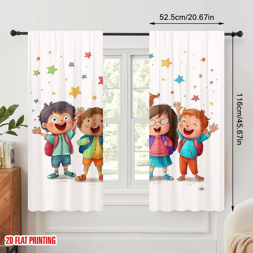 2pcs,2D Plane Printing Print Curtains Happy Youngsters Back To School Polyester Woven (without Rod) Gifts Ldeal for Bedroom,