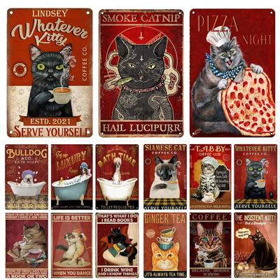 Gourmet Zwarte Kat Metalen Poster Bad Caffe Katten Vintage Blikken Plaat Voor Slaapkamer Woonkamer Dierenwinkel Wanddecoratie Reclamebord