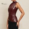 Moda damska kamizelka motocyklowa kołnierz z kołnierzykiem bez rękawów dekoracje na zamek błyskawiczny topy nieregularny brzeg rozciągliwy top ze sztucznej skóry