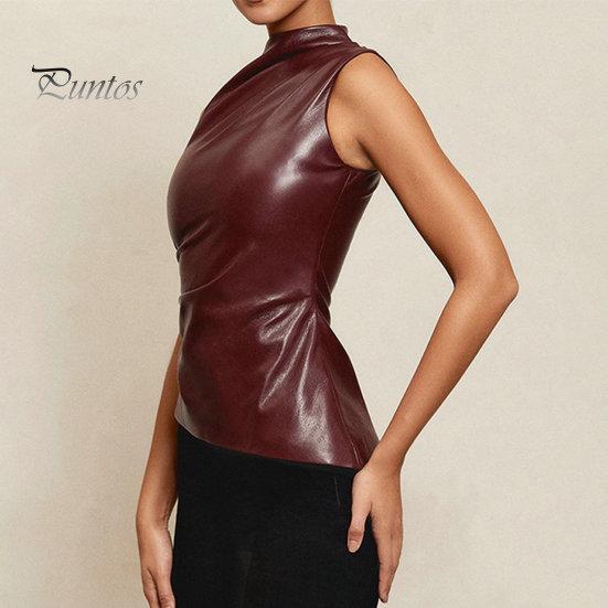 Moda damska kamizelka motocyklowa kołnierz z kołnierzykiem bez rękawów dekoracje na zamek błyskawiczny topy nieregularny brzeg rozciągliwy top ze sztucznej skóry