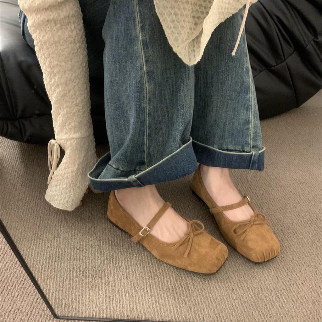 Suede Square Head Single Shoes Women's Spring and Autumn New Bow Commuter Flat Mary Jane Shoes