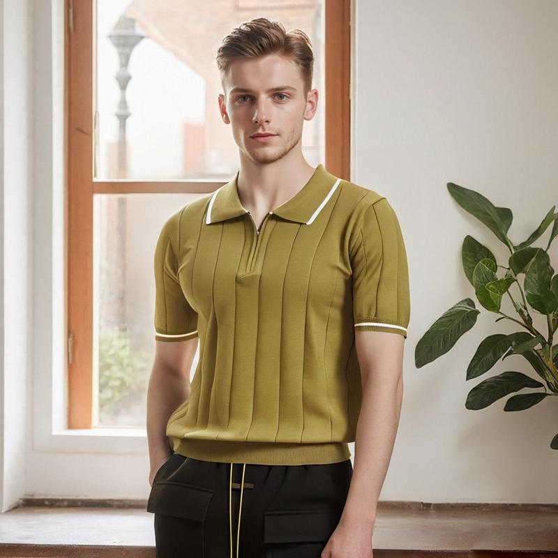 Summer Thin Ice Silk Turn-Down Collar Men's Polo Shirt Knitted Short Sleeve T-Shirt Half-Zip Trendy Slim Fit Half Sleeve