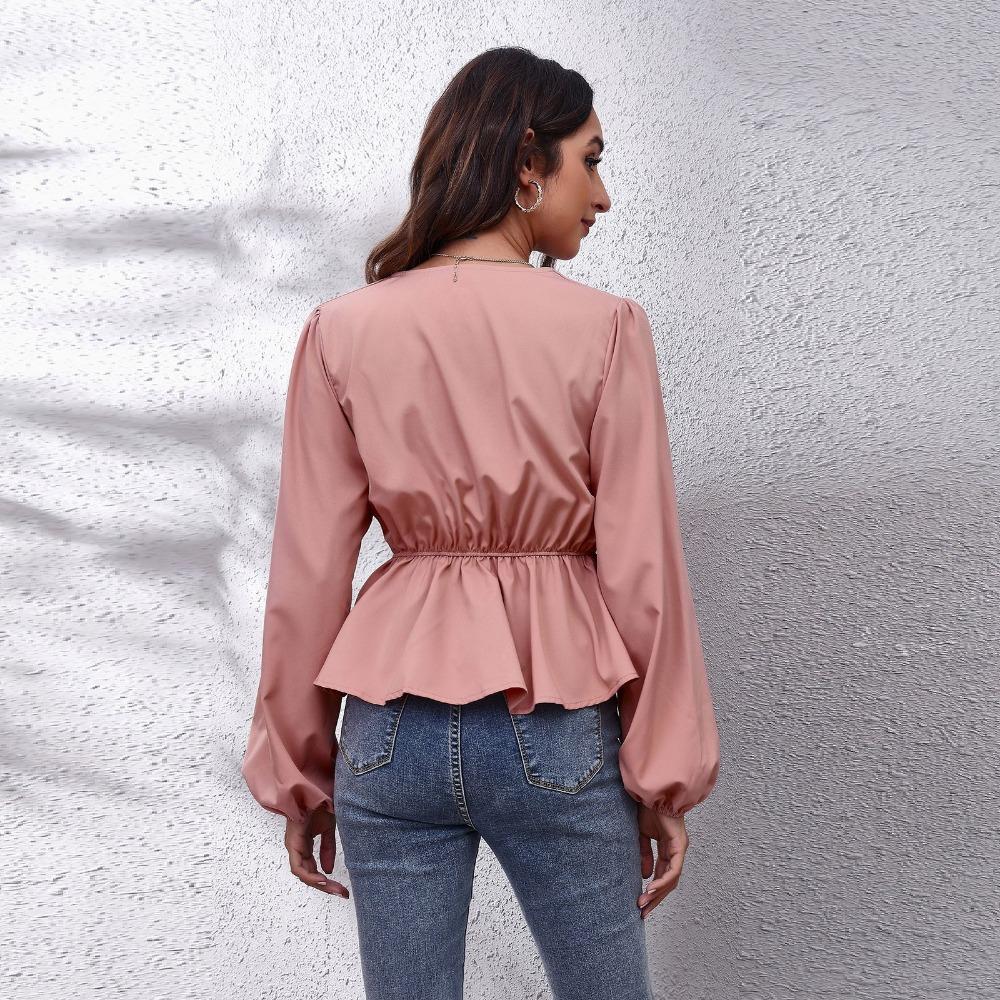 GMXIA Damenmode, lässig, einfarbig, langärmelig, V-Ausschnitt, Blusen und Hemden