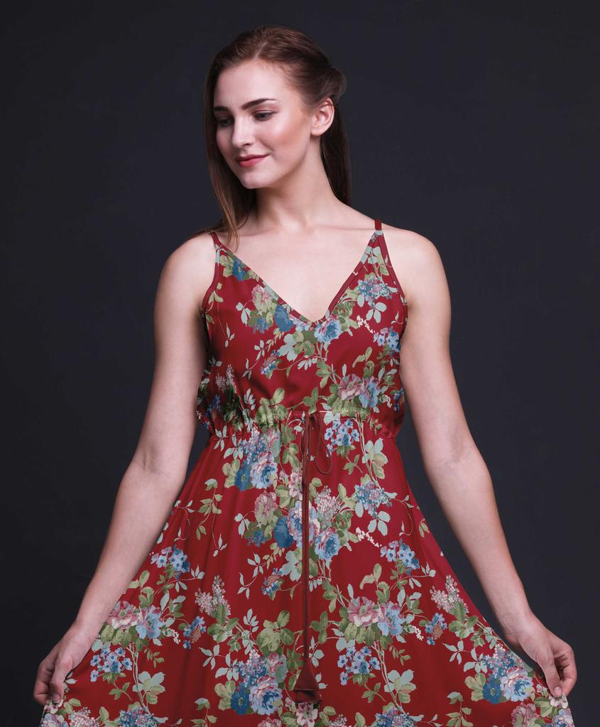 Bimba Floral Ladies Printed Resort Midi Drawstring Dress Spaghetti Strap Beach