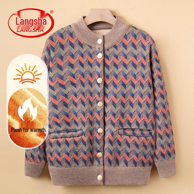 LangSha Women s Plush-Lined Winter Cardigan for Elderly 3XL