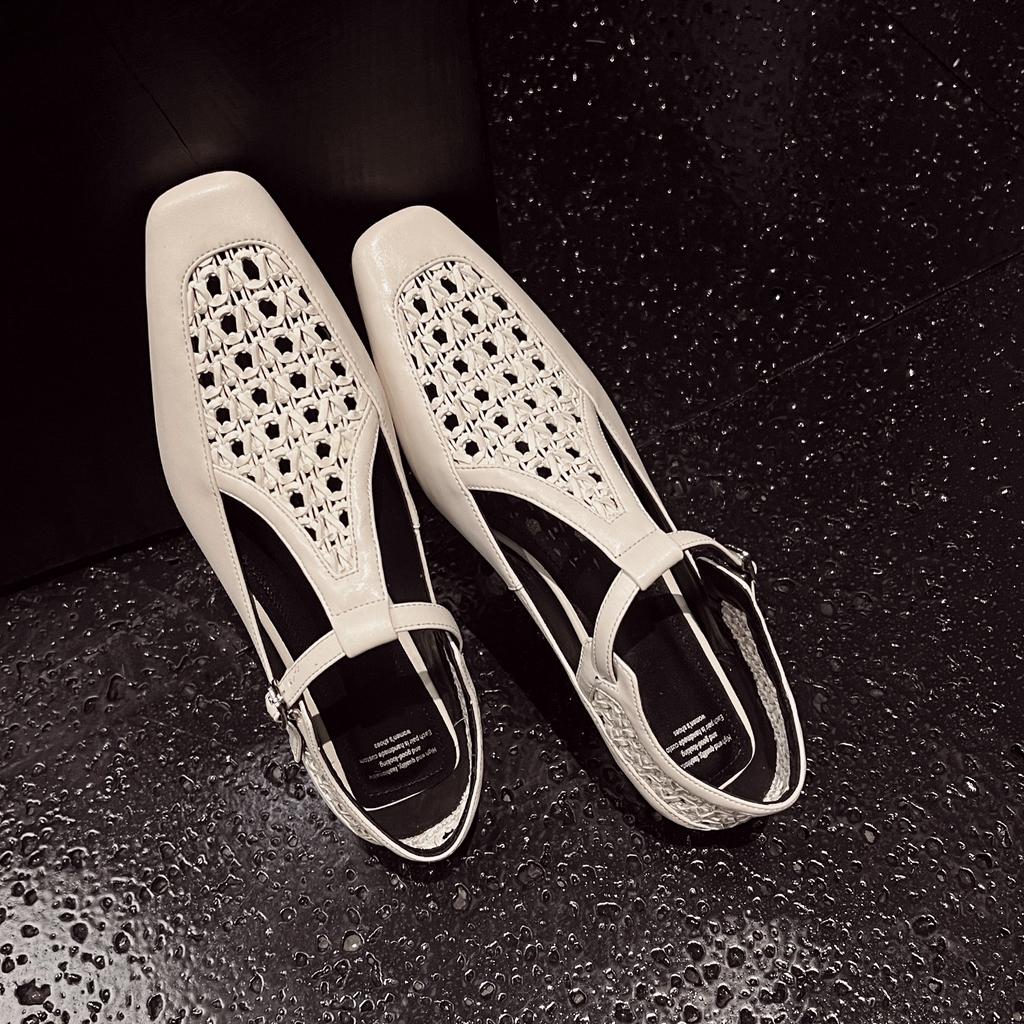 Soft! Square Head Woven T-strap Small Leather Shoes Retro Genuine Leather Mary Jane Shoes Women's 2025 New Shallow Hollow Single Shoes
