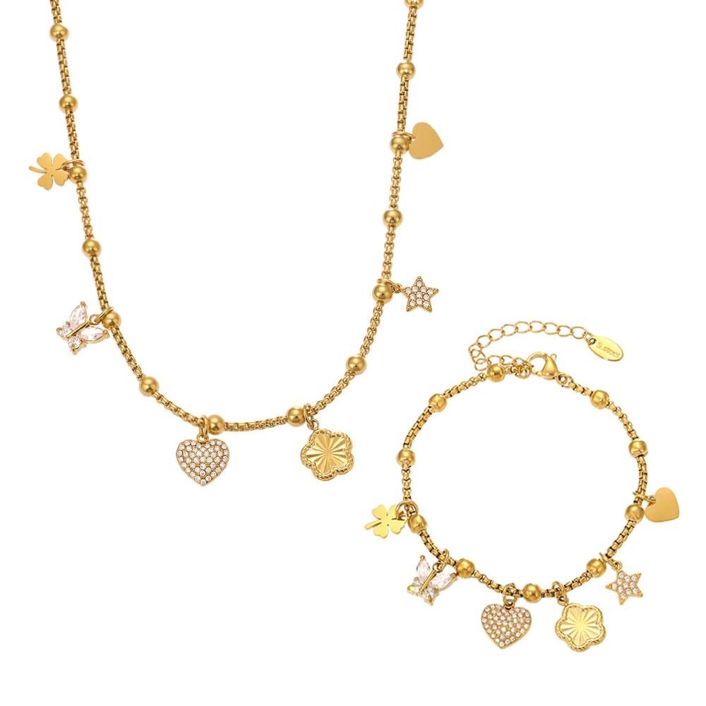 Multi Charms Necklace Bracelet In 18k Gold Plated Stainless Steel Necklaces Matching Bracelets Jewelry Set For Women