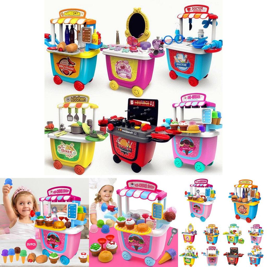 Cute Simulation Kids Ice Cream Shop Kitchen Cart Pretend Toy Set Role Play Gift