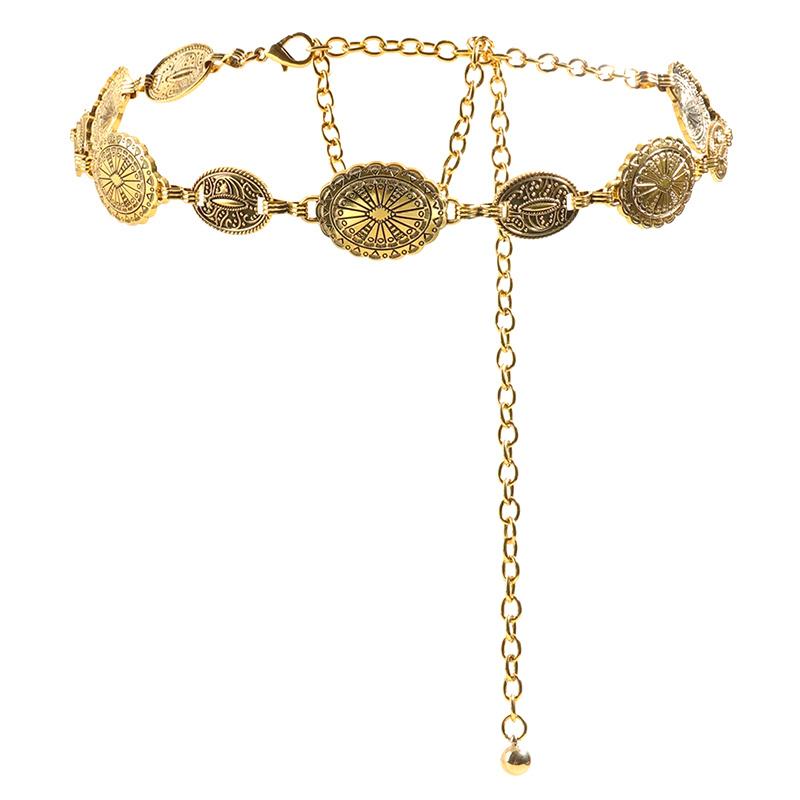 

Ретро-стиль Женская металлическая цепочка на талию Регулируемый декоративный круглый резной ремень-цепочка Аксессуары высокого стиля золотой